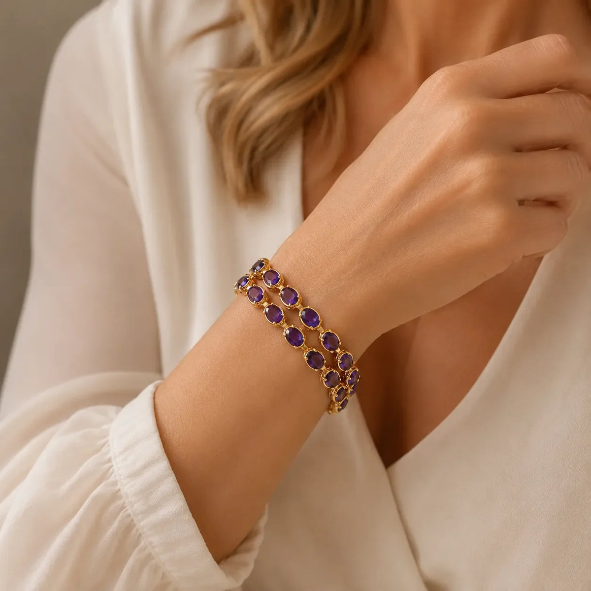 Oval Amethyst Tennis Bracelet with Double-Row Design in Gold Tone