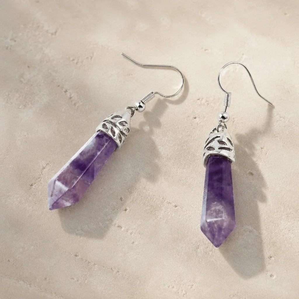 Pointed Amethyst Drop Earrings with Silver Filigree Cap