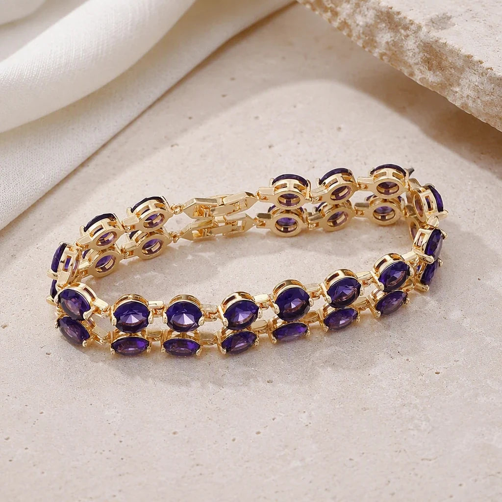 Oval Amethyst Tennis Bracelet with Double-Row Design in Gold Tone