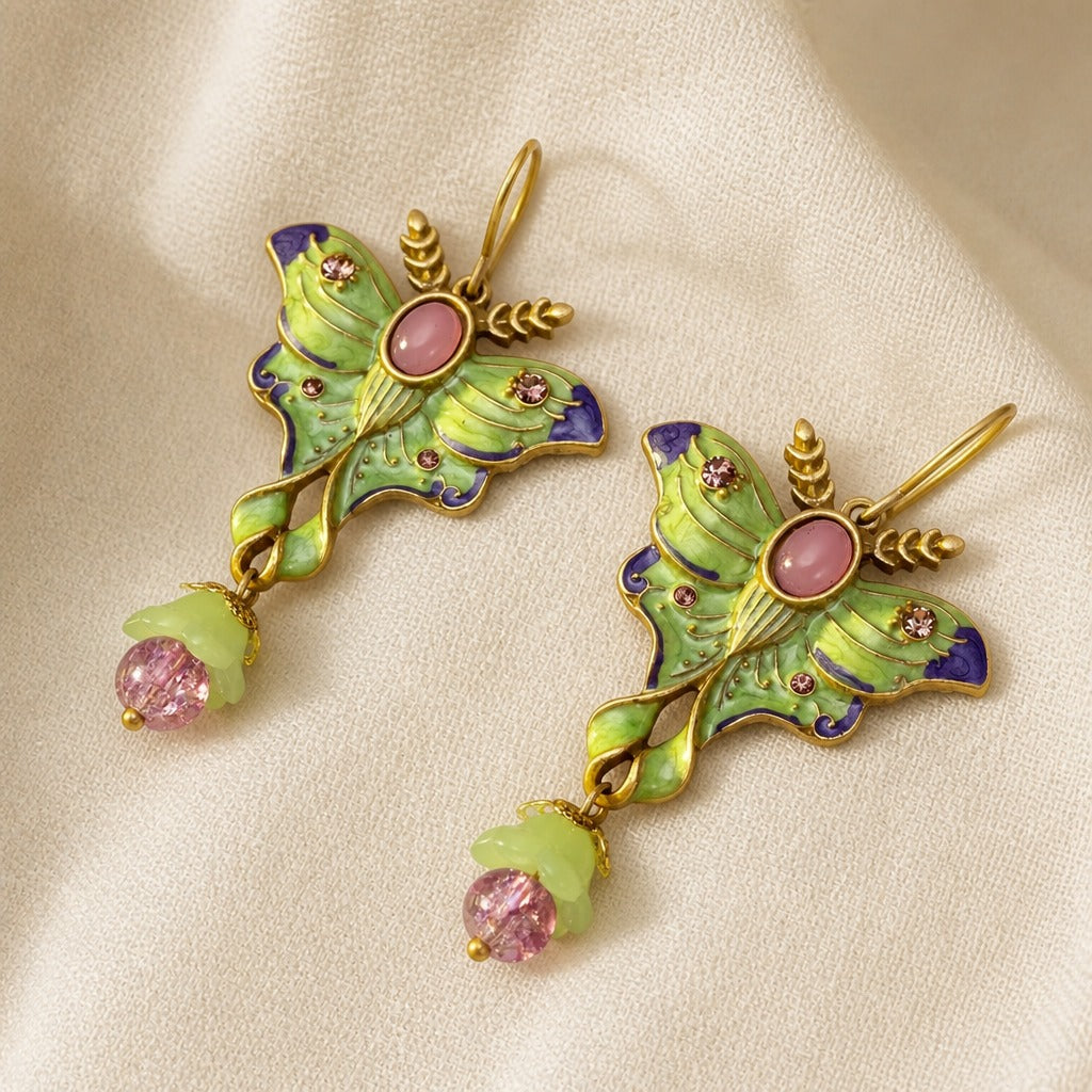 Butterfly Enamel Drop Earrings with Pink Stone and Gold-Tone Wings — main image