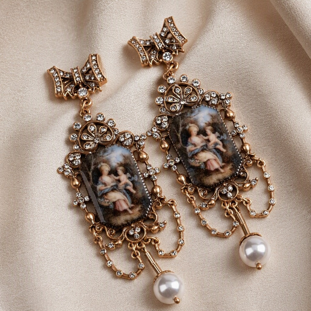Portrait Cameo Rhinestone Chandelier Earrings with Pearl Drop in Gold Tone — main image