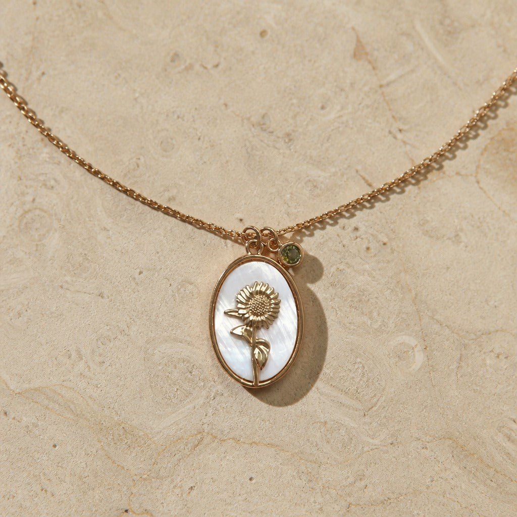 Oval Flower Pendant Necklace with Pearlescent Inlay and Birthstone Charm — view 9
