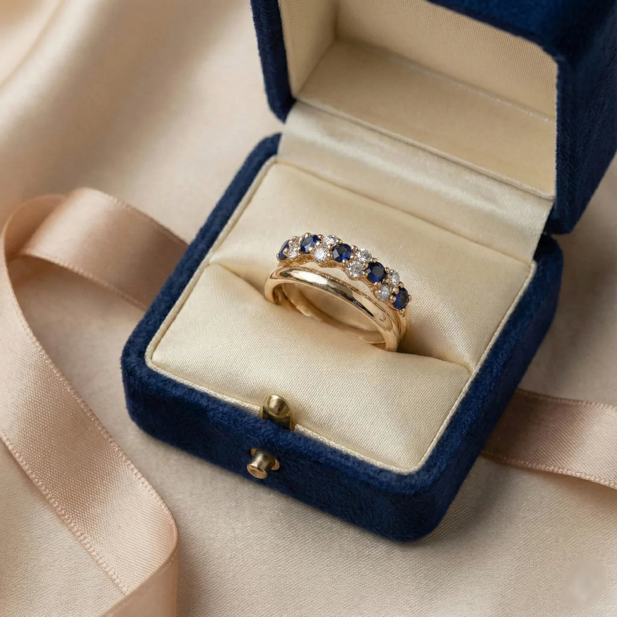 Vintage Sapphire & Crystal Split-Band Cocktail Ring in Gold Tone — main image