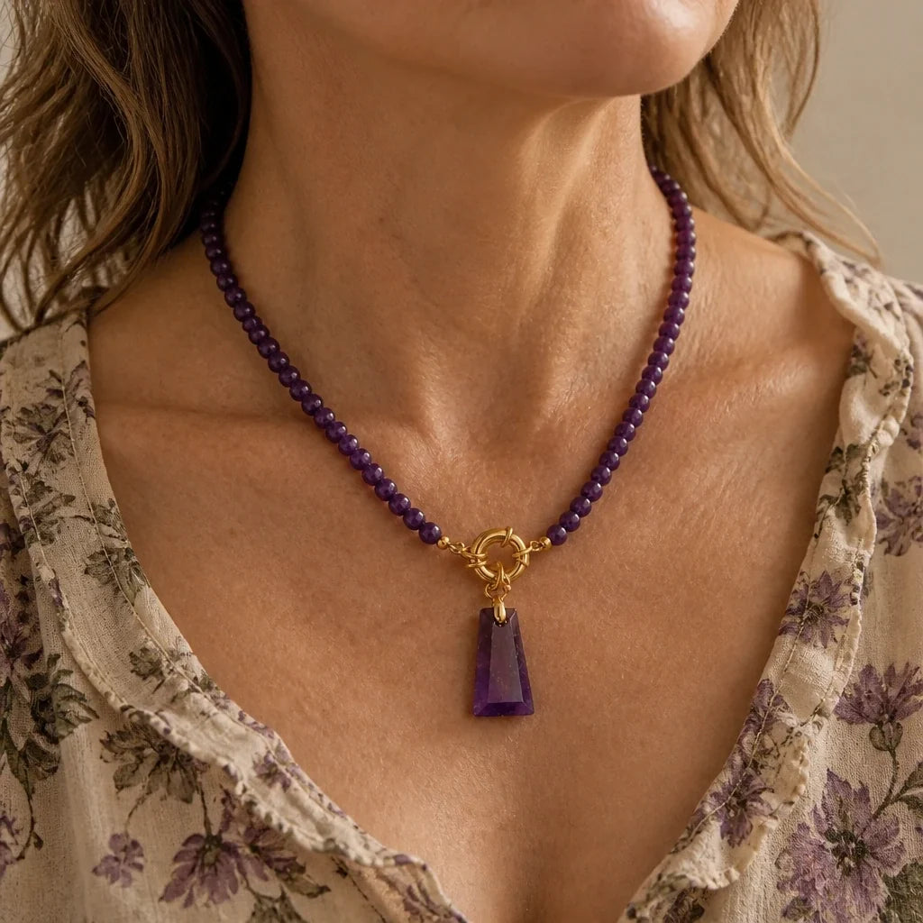 Trapezoid Amethyst Pendant Necklace with Faceted Beads and Gold-Tone Toggle Clasp