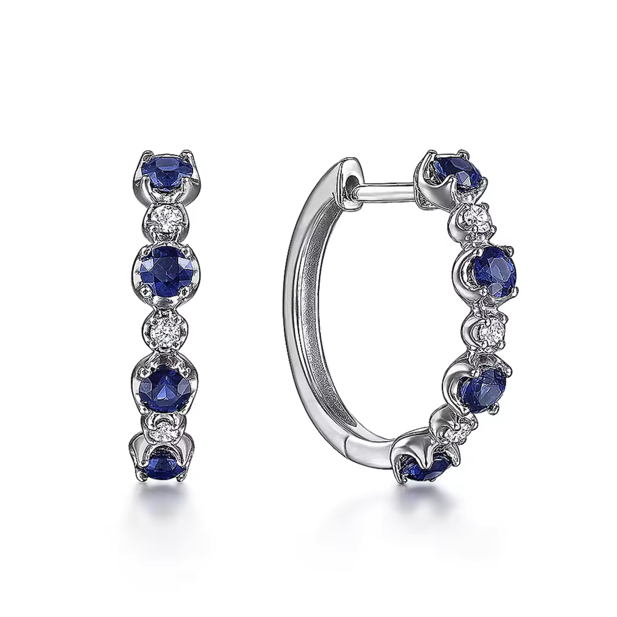 Blue & Clear Cubic Zirconia Huggie Hoop Earrings with Hinged Post Closure — main image