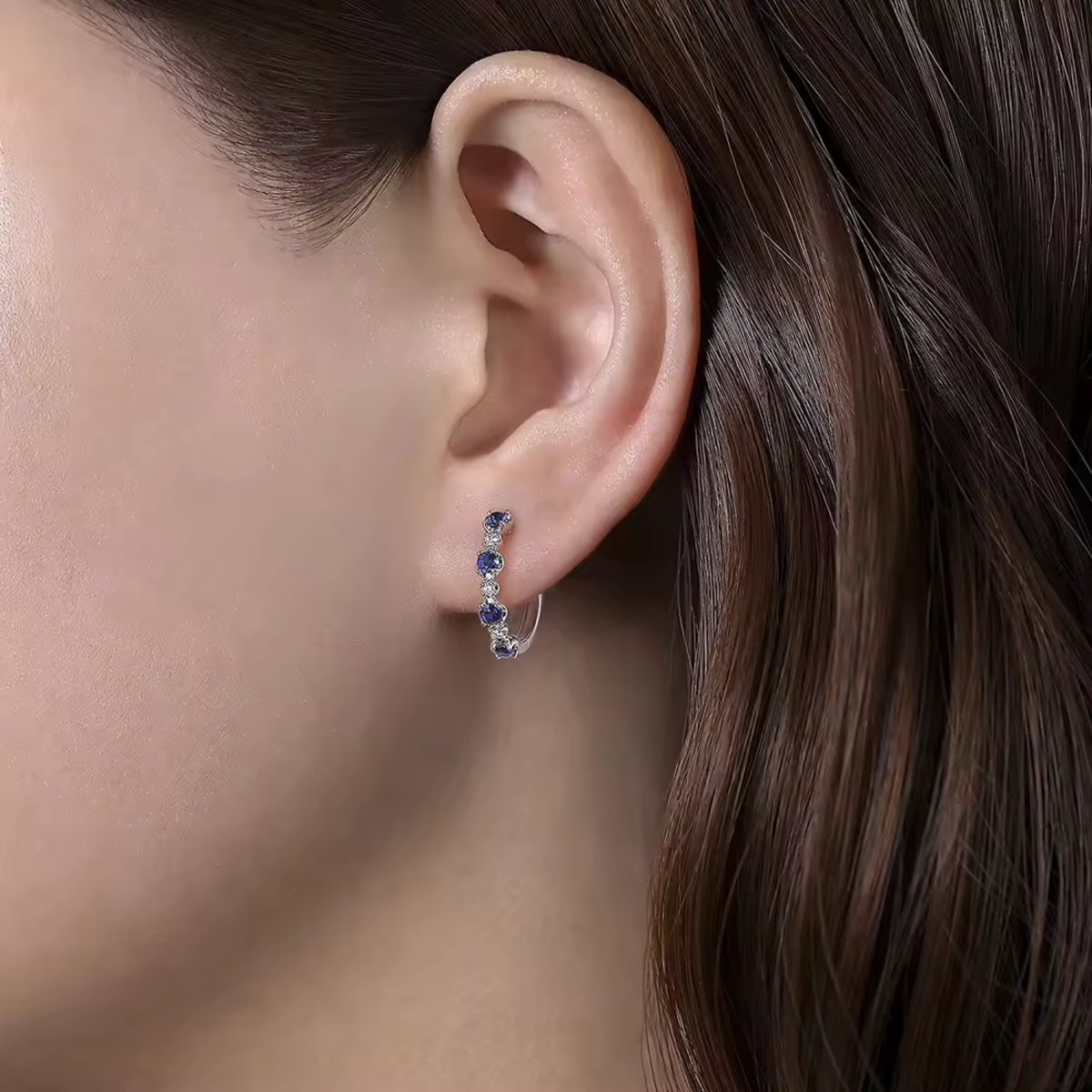 Blue & Clear Cubic Zirconia Huggie Hoop Earrings with Hinged Post Closure — view 2