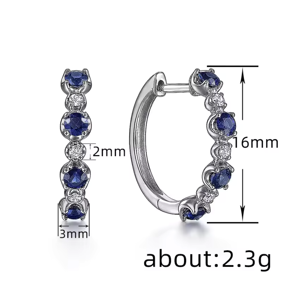Blue & Clear Cubic Zirconia Huggie Hoop Earrings with Hinged Post Closure — view 3