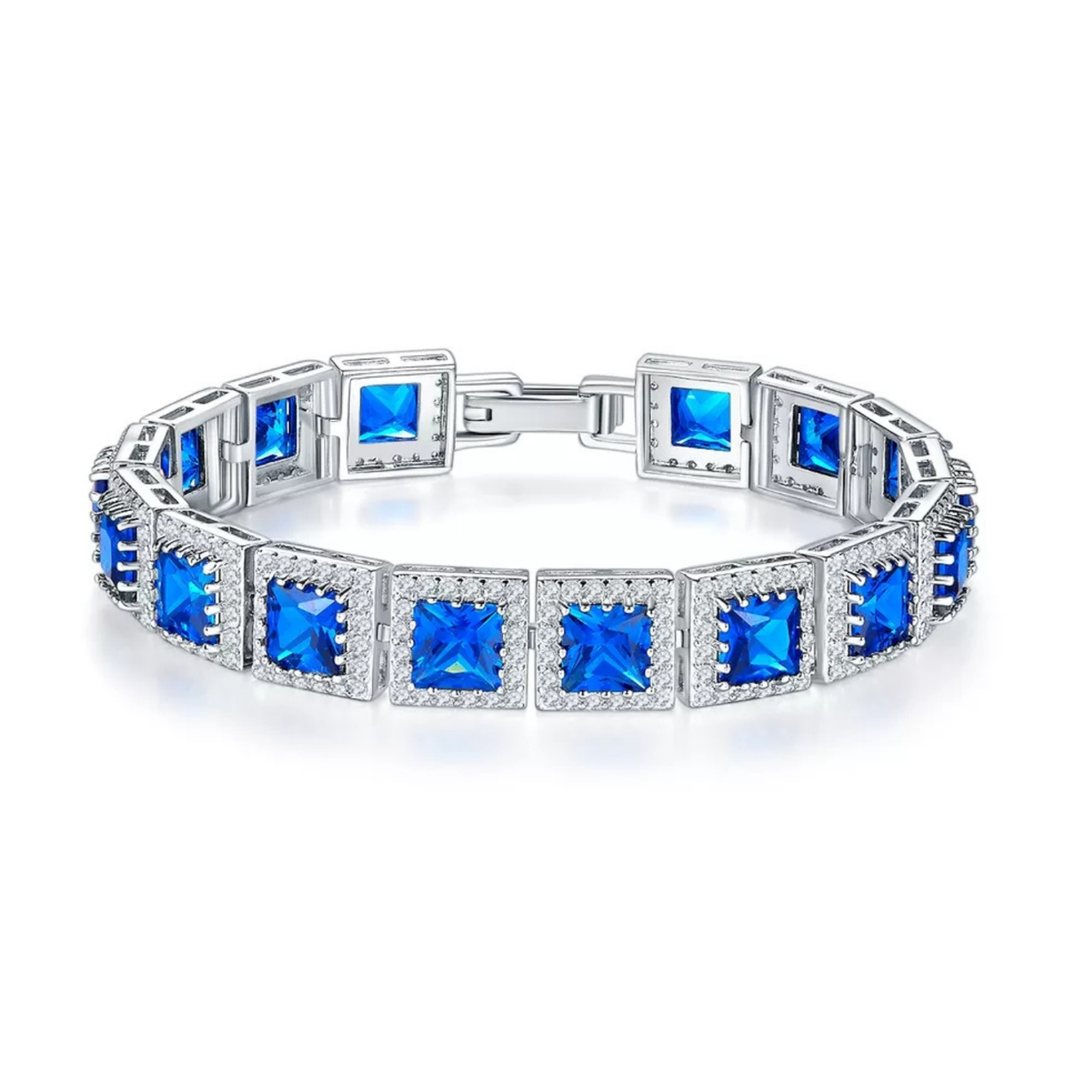 Square-Cut Blue Crystal Tennis Bracelet with Pavé Accents and Box Clasp — main image