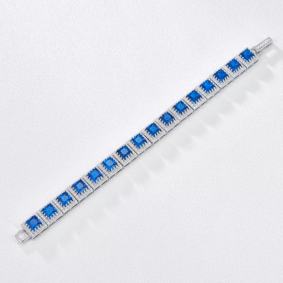 Square-Cut Blue Crystal Tennis Bracelet with Pavé Accents and Box Clasp — view 2