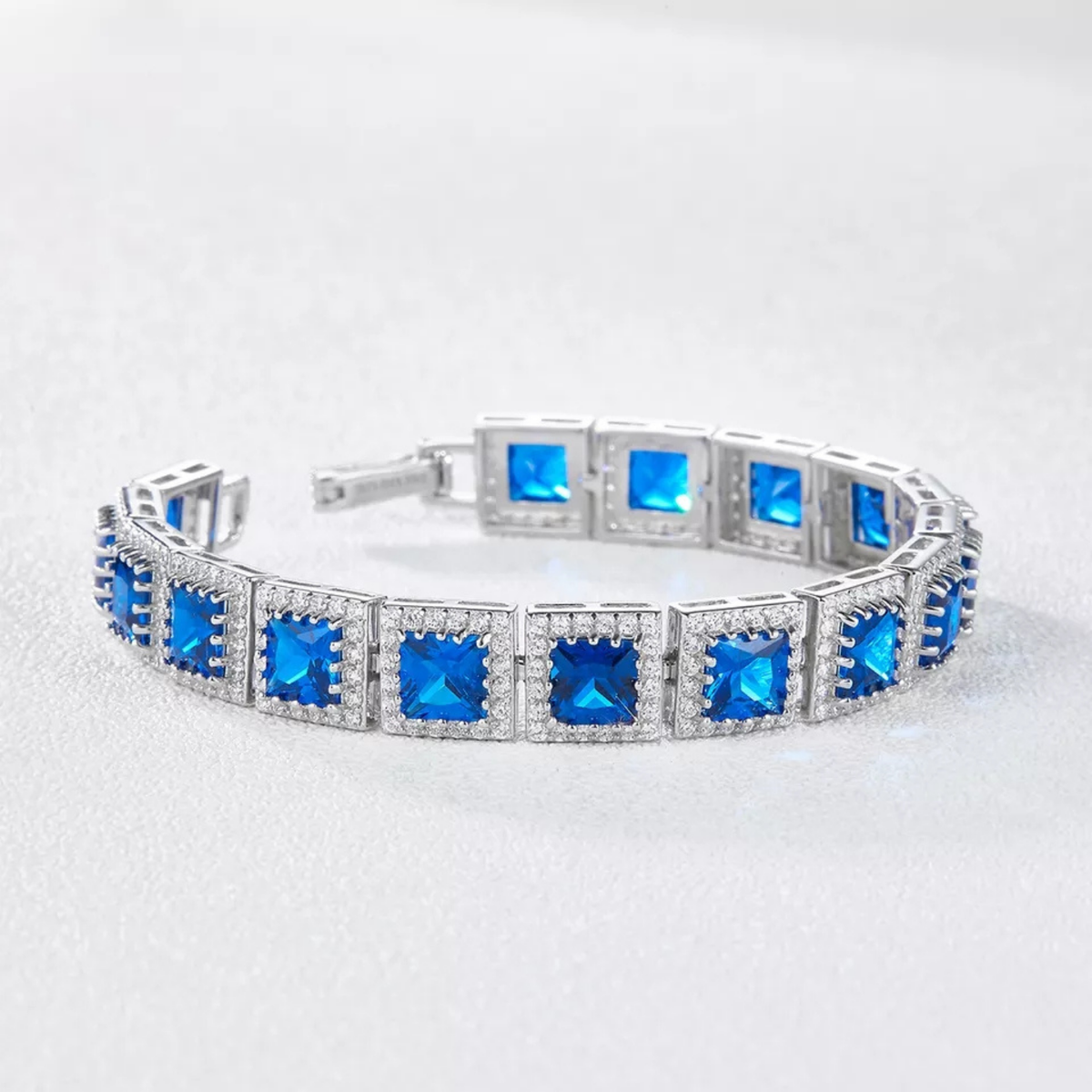 Square-Cut Blue Crystal Tennis Bracelet with Pavé Accents and Box Clasp — view 4