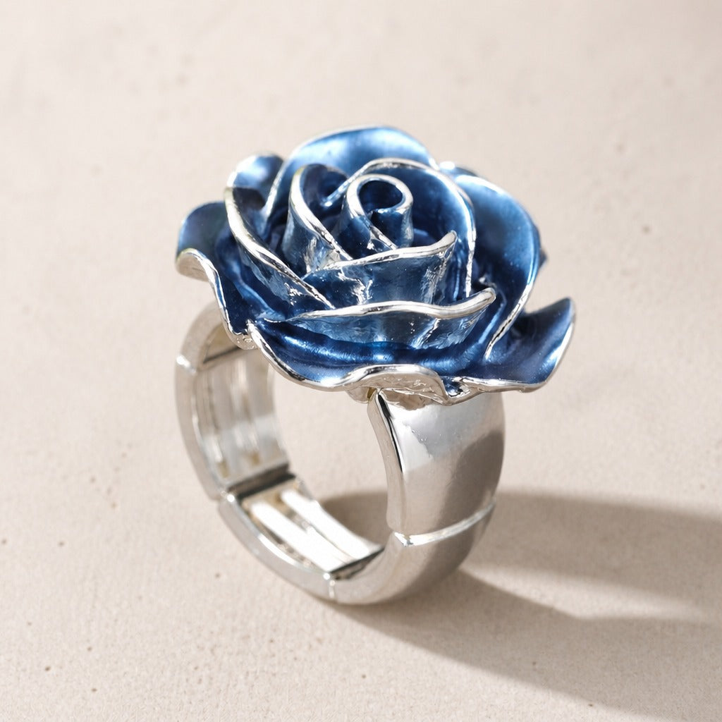 Sculptural Blue Rose Ring with Silver-Plated Zinc Alloy Band — main image