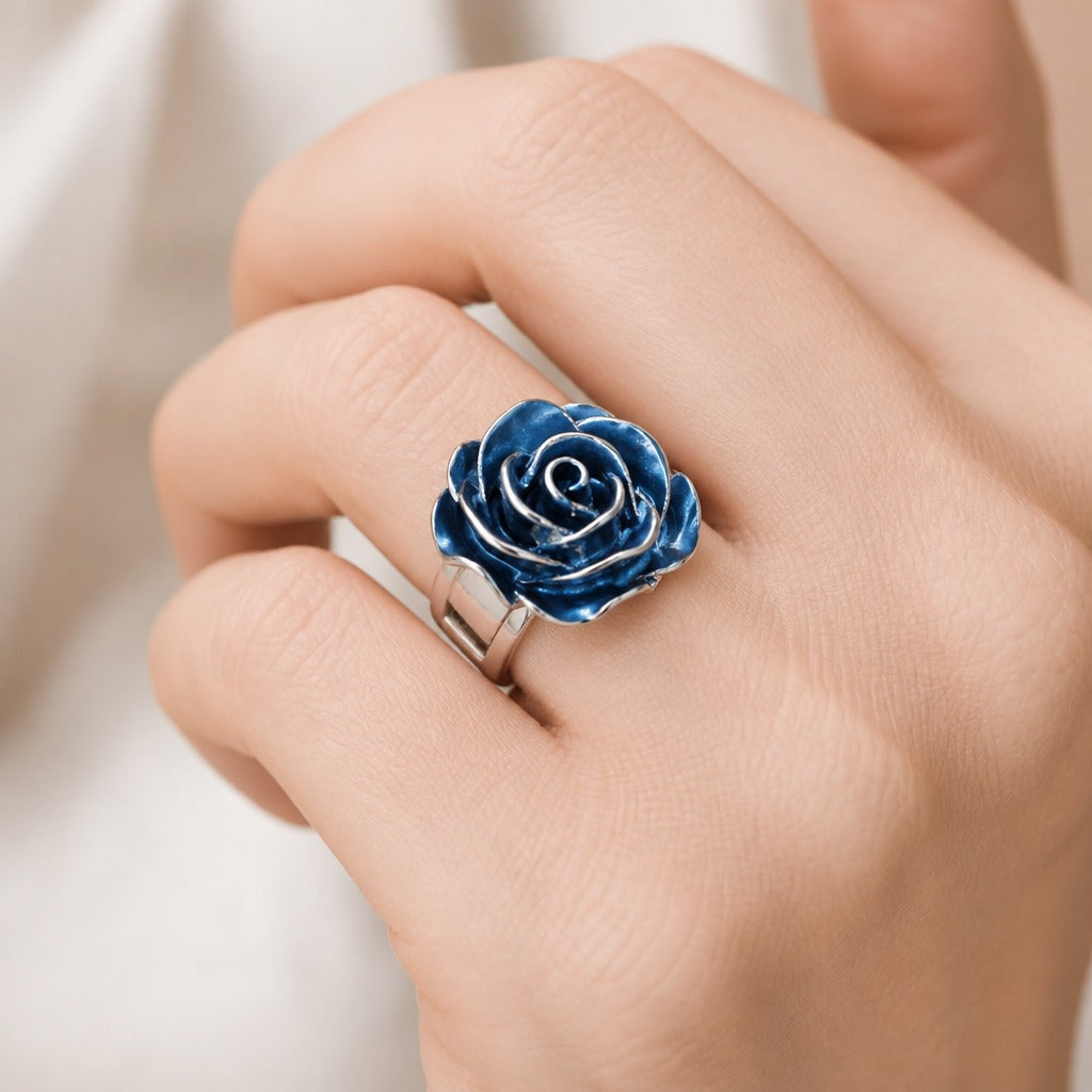 Sculptural Blue Rose Ring with Silver-Plated Zinc Alloy Band — view 2