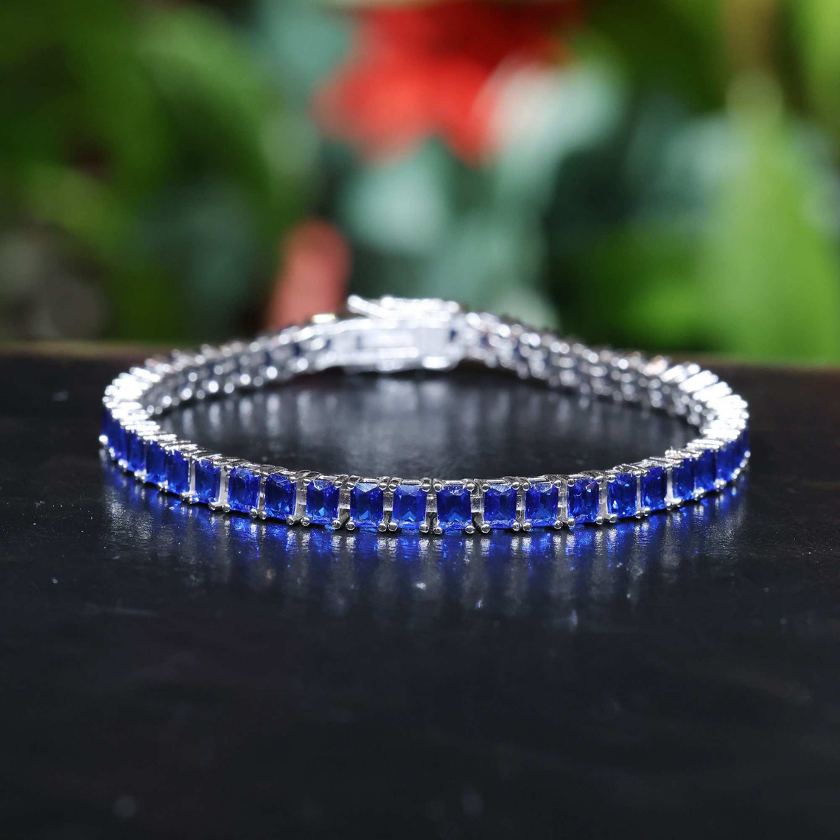 Square-Cut Blue Sapphire Tennis Bracelet, Silver-Tone — main image