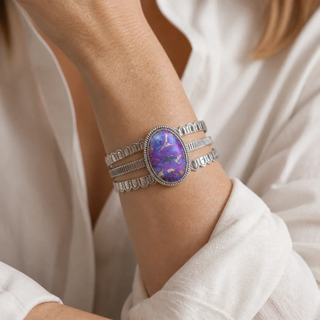 Oval Purple Turquoise Cuff Bracelet with Scalloped Silver-Tone Detail