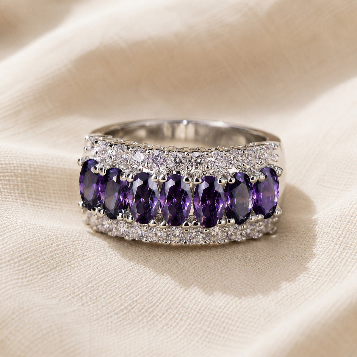 Bohemian Oval Amethyst Ring with Cubic Zirconia Accents