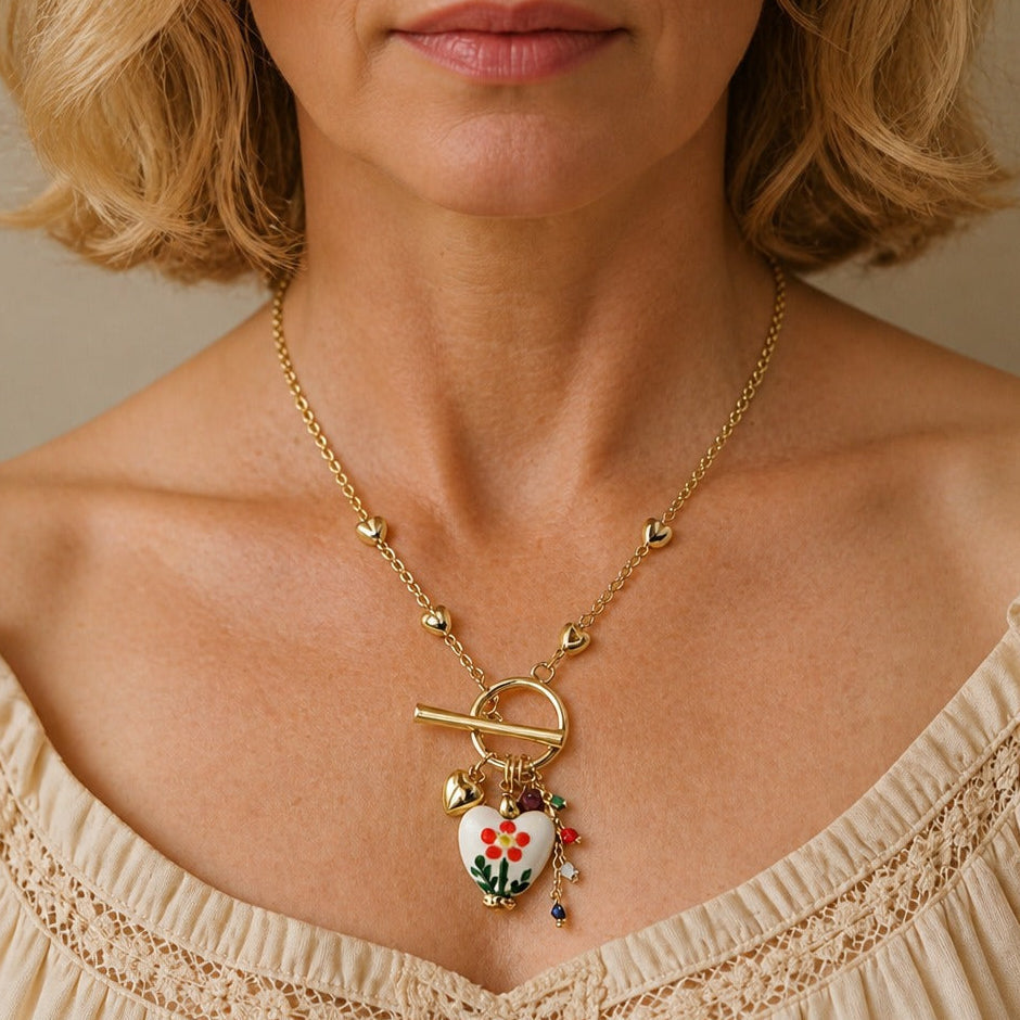 Floral Heart Ceramic Pendant Necklace with Gold-Tone Toggle Closure — main image