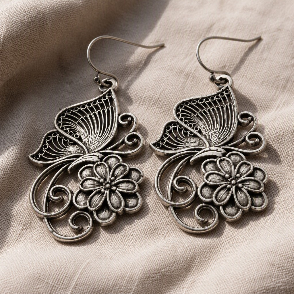 Butterfly & Flower Drop Earrings with Antique Silver Filigree — view 2