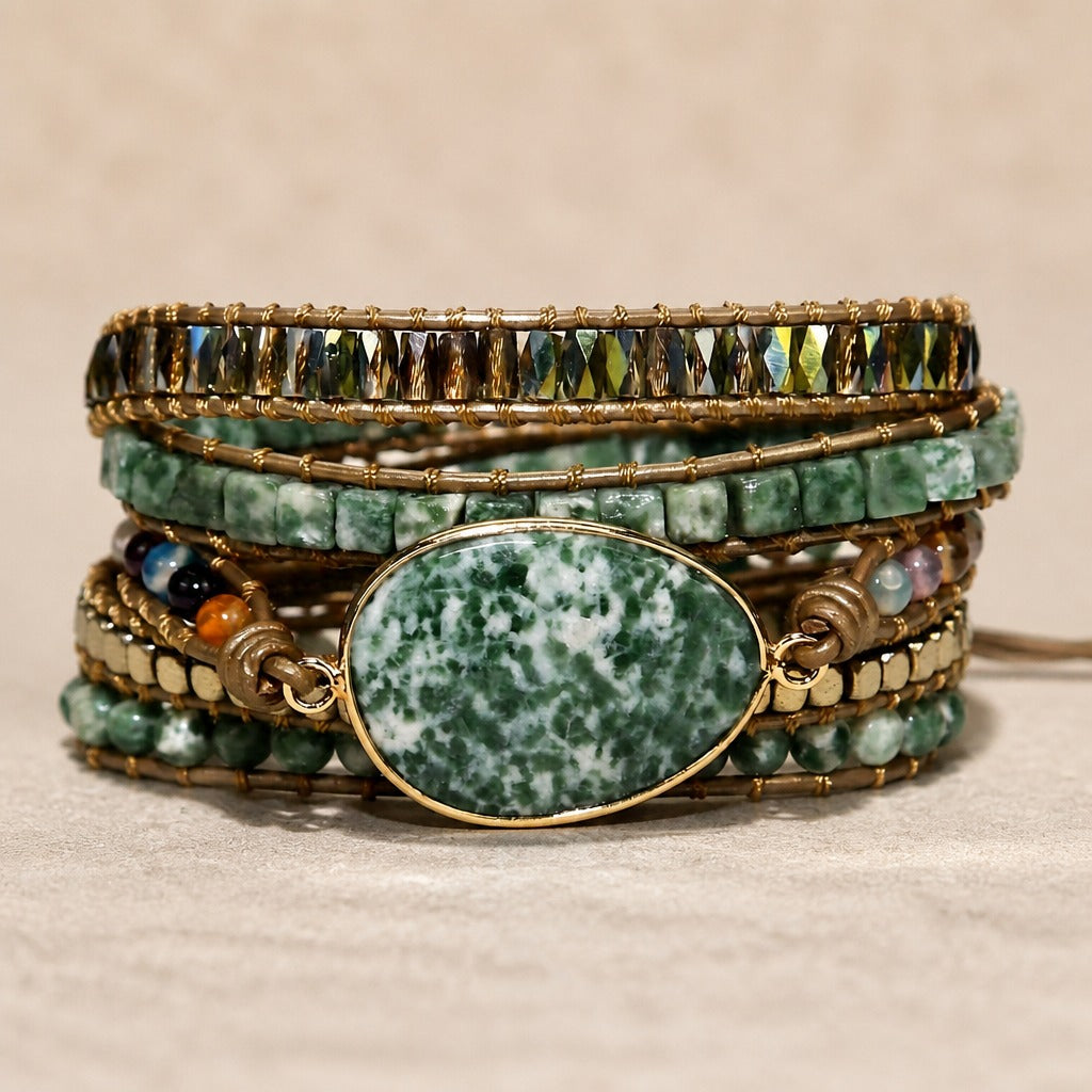Green & White Stone Multi-Strand Wrap Bracelet with Gold-Tone Accents — main image