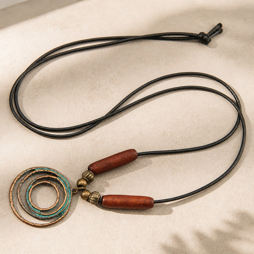 Boho Patina Pendant Long Necklace with Wood and Brass Beads — main image