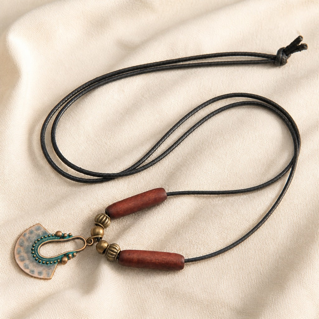 Boho Patina Pendant Long Necklace with Wood and Brass Beads — view 2