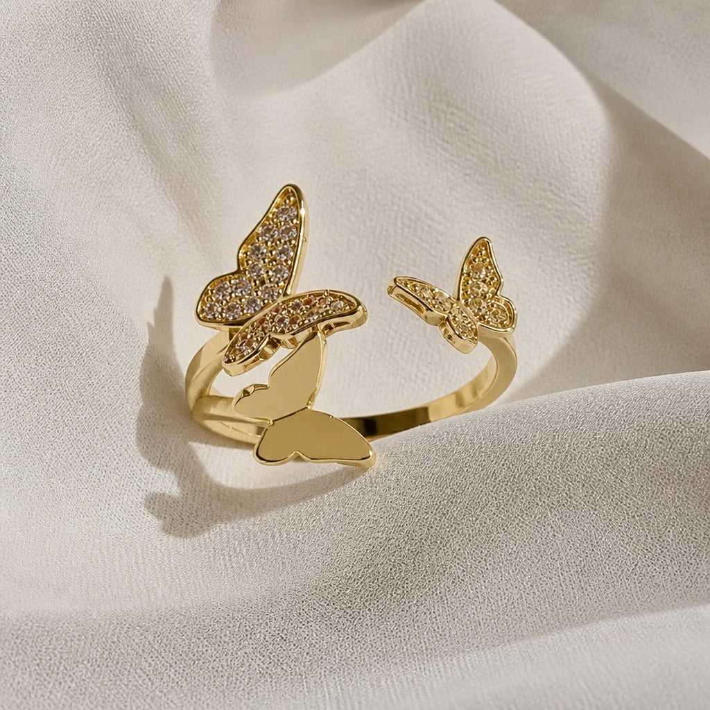 Dual Butterfly Pave Zirconia Ring, Adjustable Gold-Tone Open Shank Band — main image