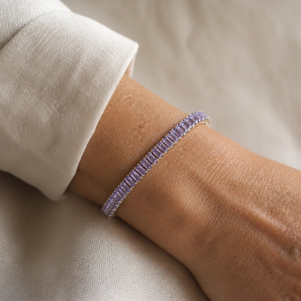Baguette Amethyst Tennis Bracelet with Silver-Tone Box Clasp