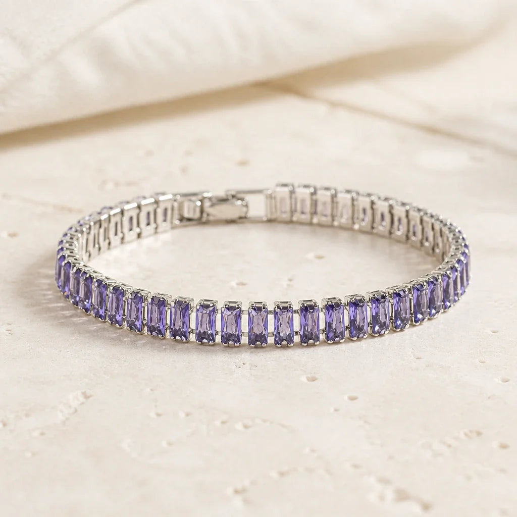 Baguette Amethyst Tennis Bracelet with Silver-Tone Box Clasp