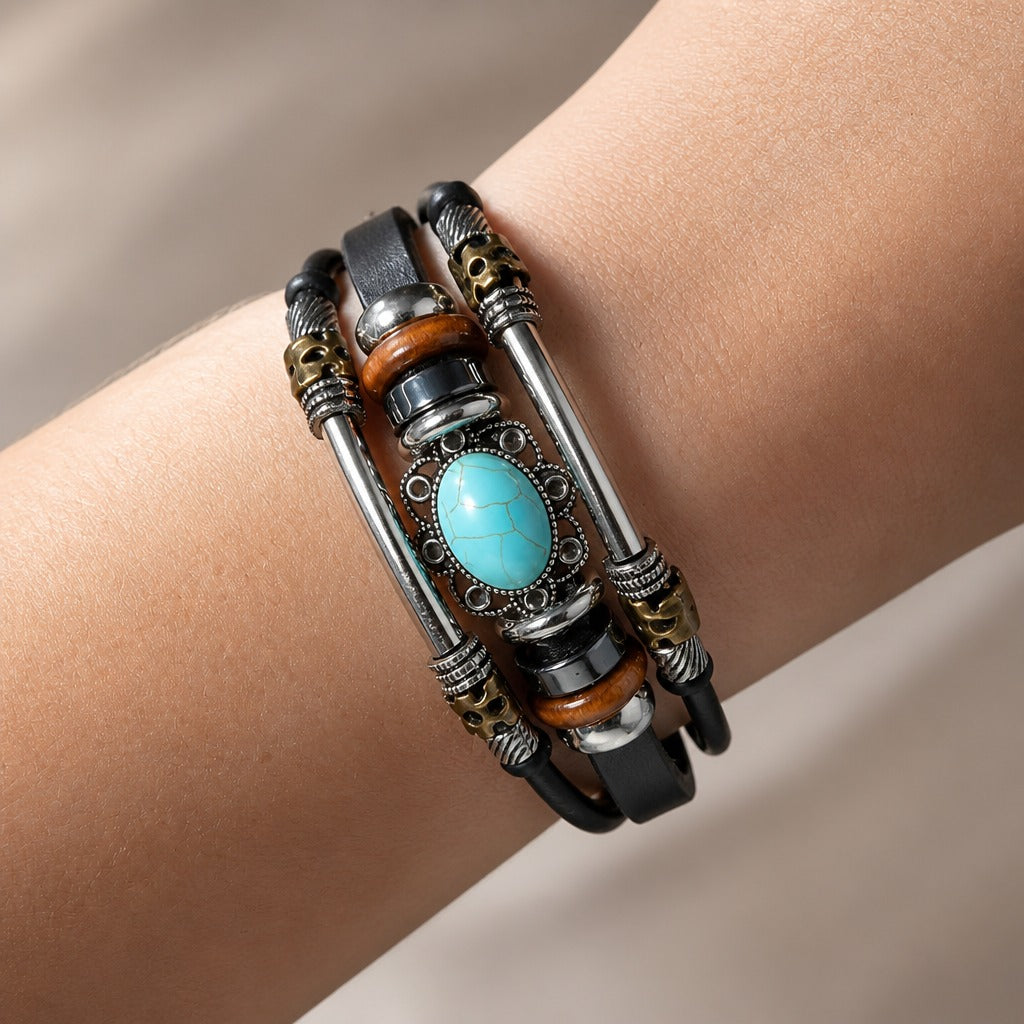 Turquoise Cabochon Leather Cuff Bracelet with Ornate Metal Accents — view 3