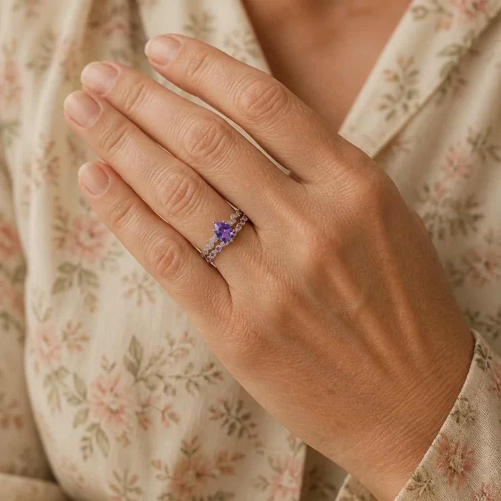 Pear-Cut Amethyst Ring Set with Twisted Silver-Tone Band