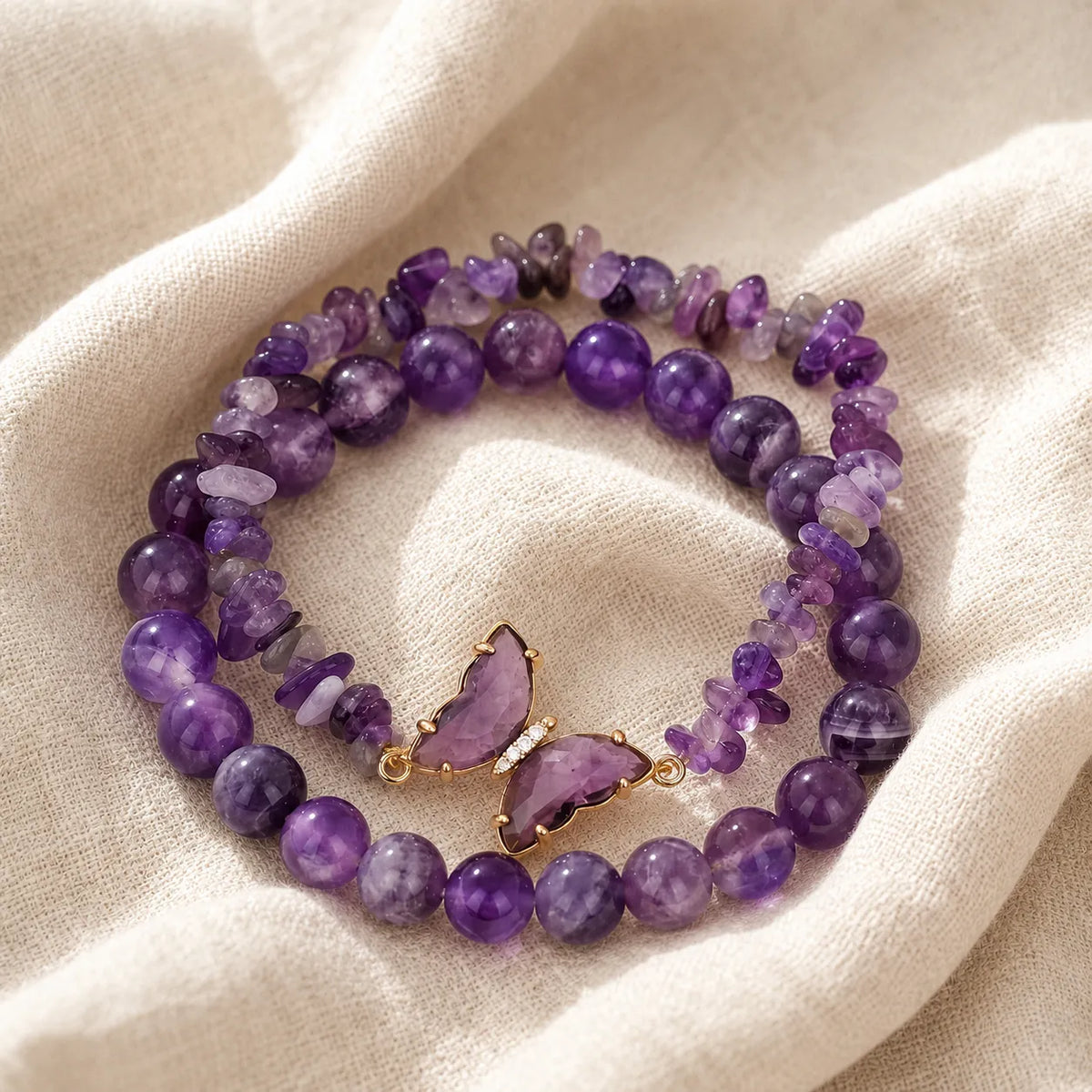 Butterfly Amethyst Beaded Bracelet Set with Gold-Tone Charm