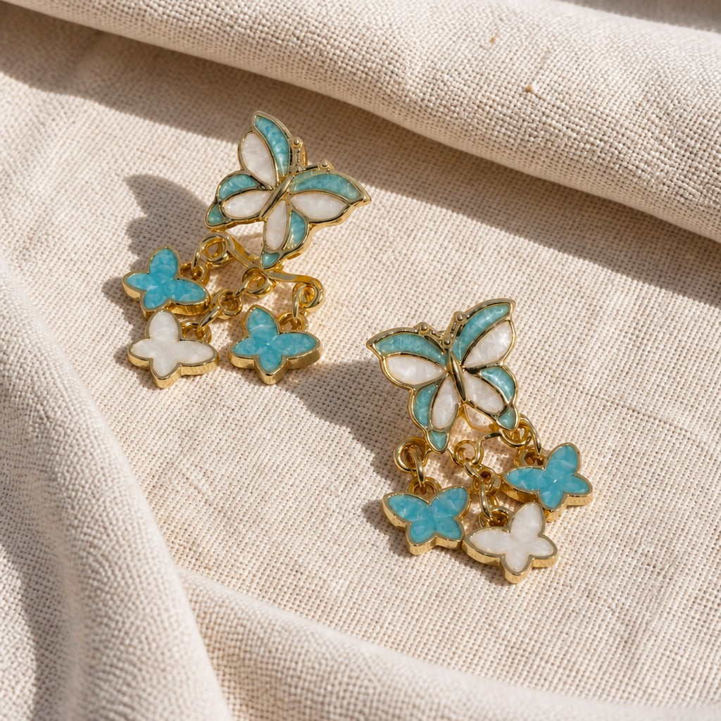 Butterfly Charm Drop Earrings with Turquoise and White Enamel — view 2