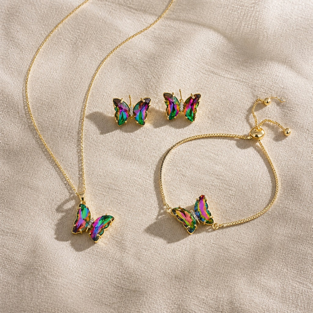 Butterfly Crystal Jewelry Set - Gold-Tone Earrings, Necklace and Bracelet with Iridescent Stones — main image