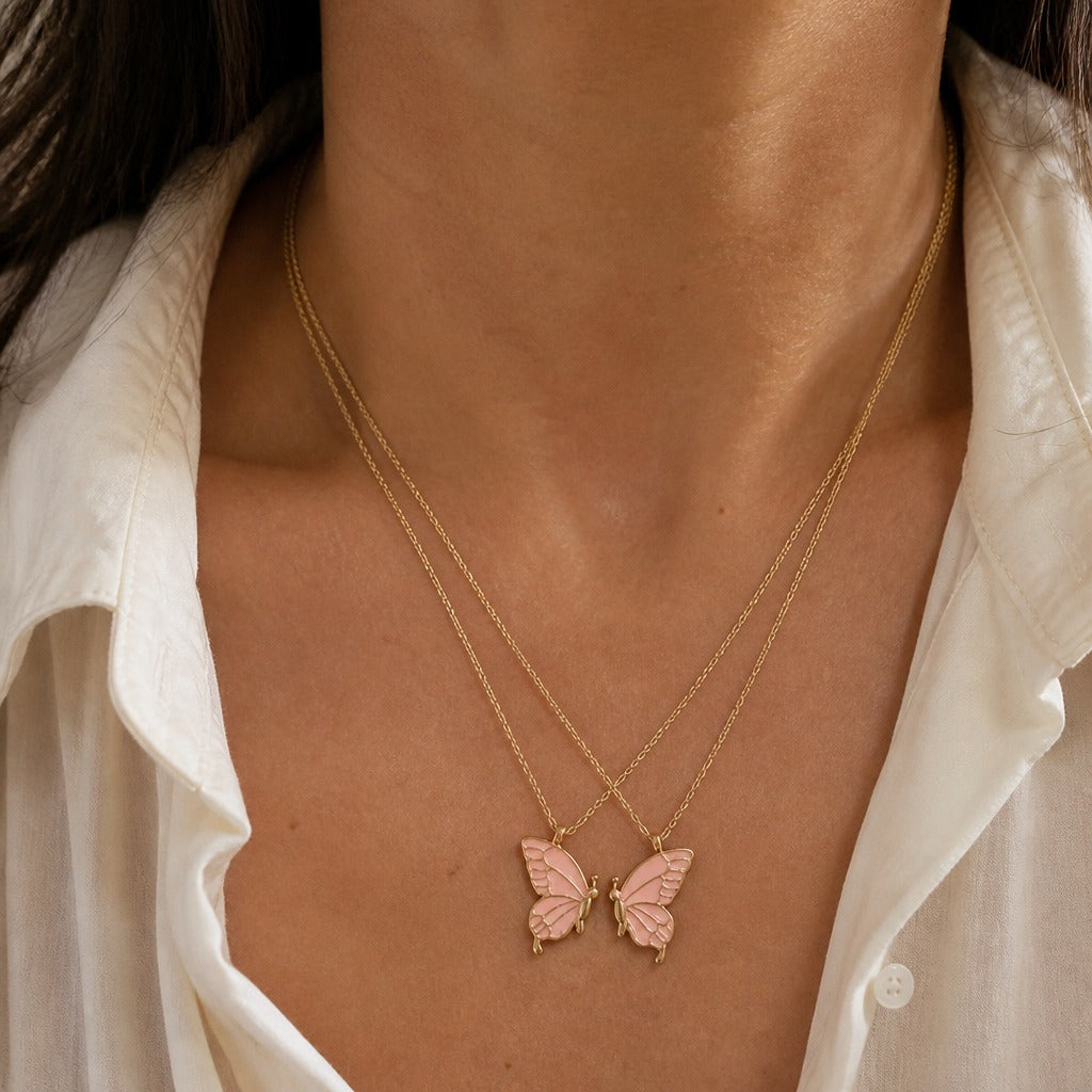 Butterfly Pendant Necklace Set, Enamel Wing Detail, Gold-Tone — main image