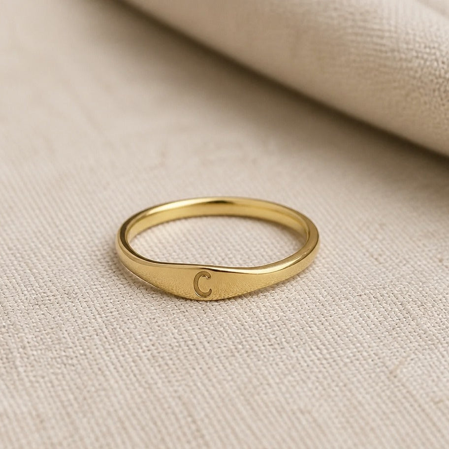 Personalized Initial Letter Signet Ring, Oval Band in Gold Tone — view 3