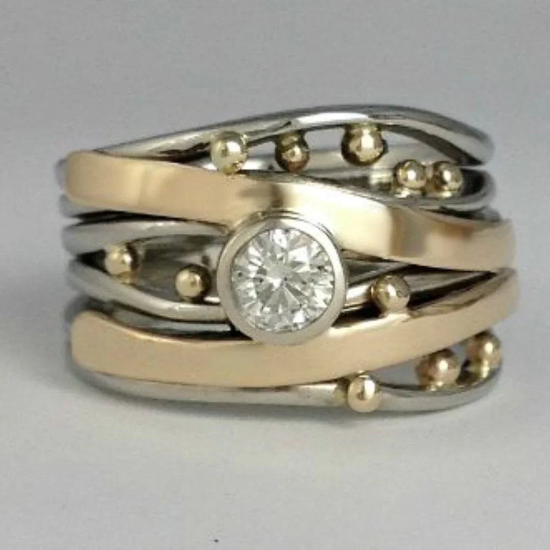 Vintage Cubic Zirconia Cocktail Ring, Multi-Band Wrap in Mixed Gold and Silver Tone — main image
