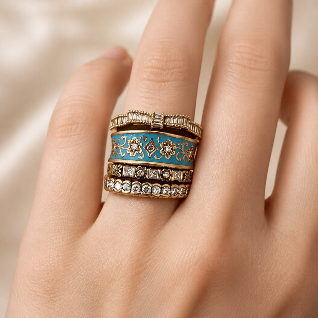 Turquoise Filigree Stackable Ring Set with Cubic Zirconia — view 2