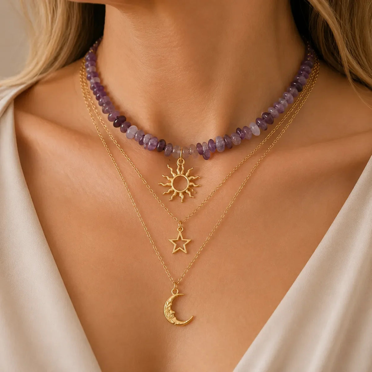 Celestial Amethyst Beaded Layered Necklace Set with Sun, Star & Moon Charms
