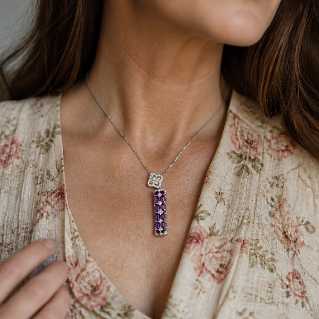 Amethyst Bar Pendant Necklace with Quatrefoil Charm