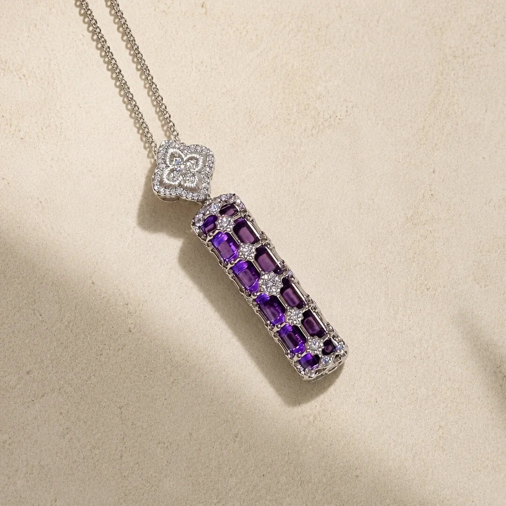 Amethyst Bar Pendant Necklace with Quatrefoil Charm