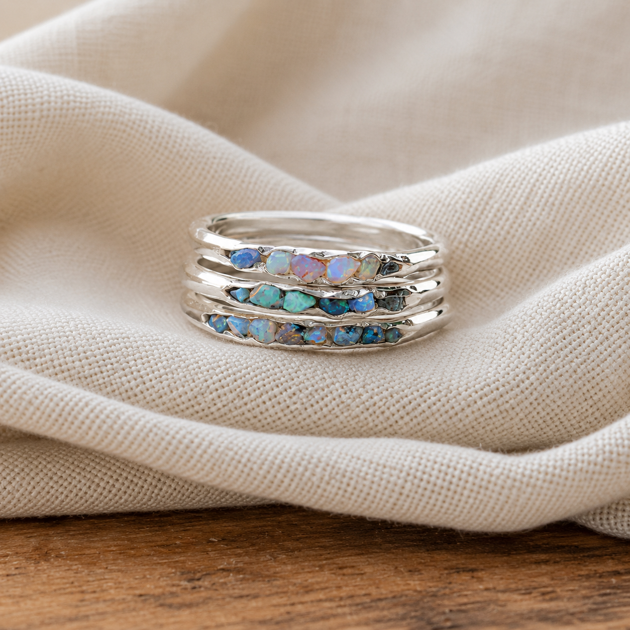 Triple-Layered Opal Ring in Silver Tone