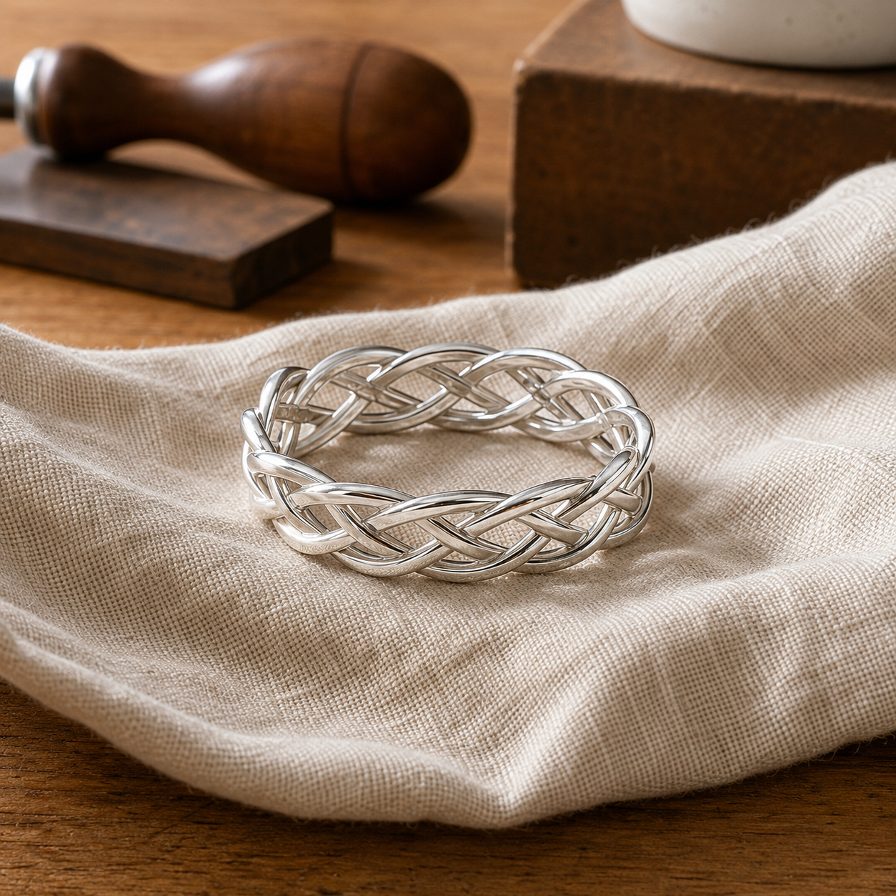 Twisted Woven Silver-Tone Band Ring, Minimalist Stackable Statement Design
