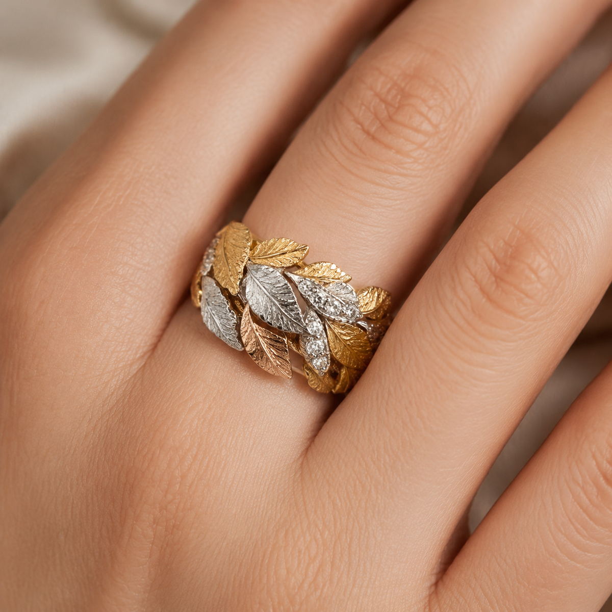 Leaf Motif Statement Ring with Cubic Zirconia Accents in Tri-Tone Metal — view 2