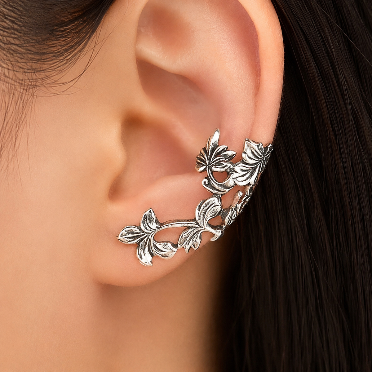 Sculptural Botanical Leaf Ear Cuff Earrings, Silver-Tone — main image
