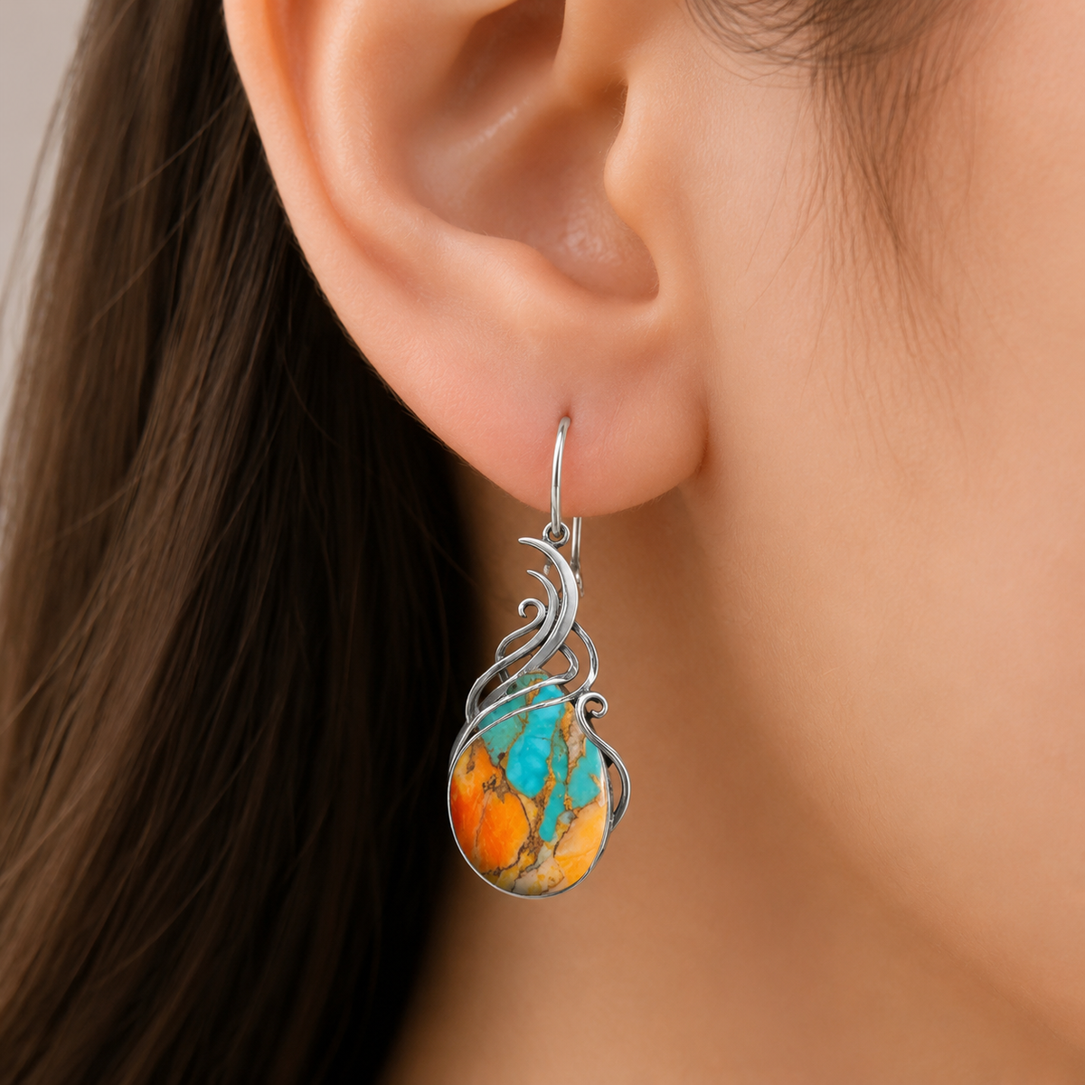Teardrop Turquoise Earrings with Scrolled Silver-Tone Wire Wrap — view 2