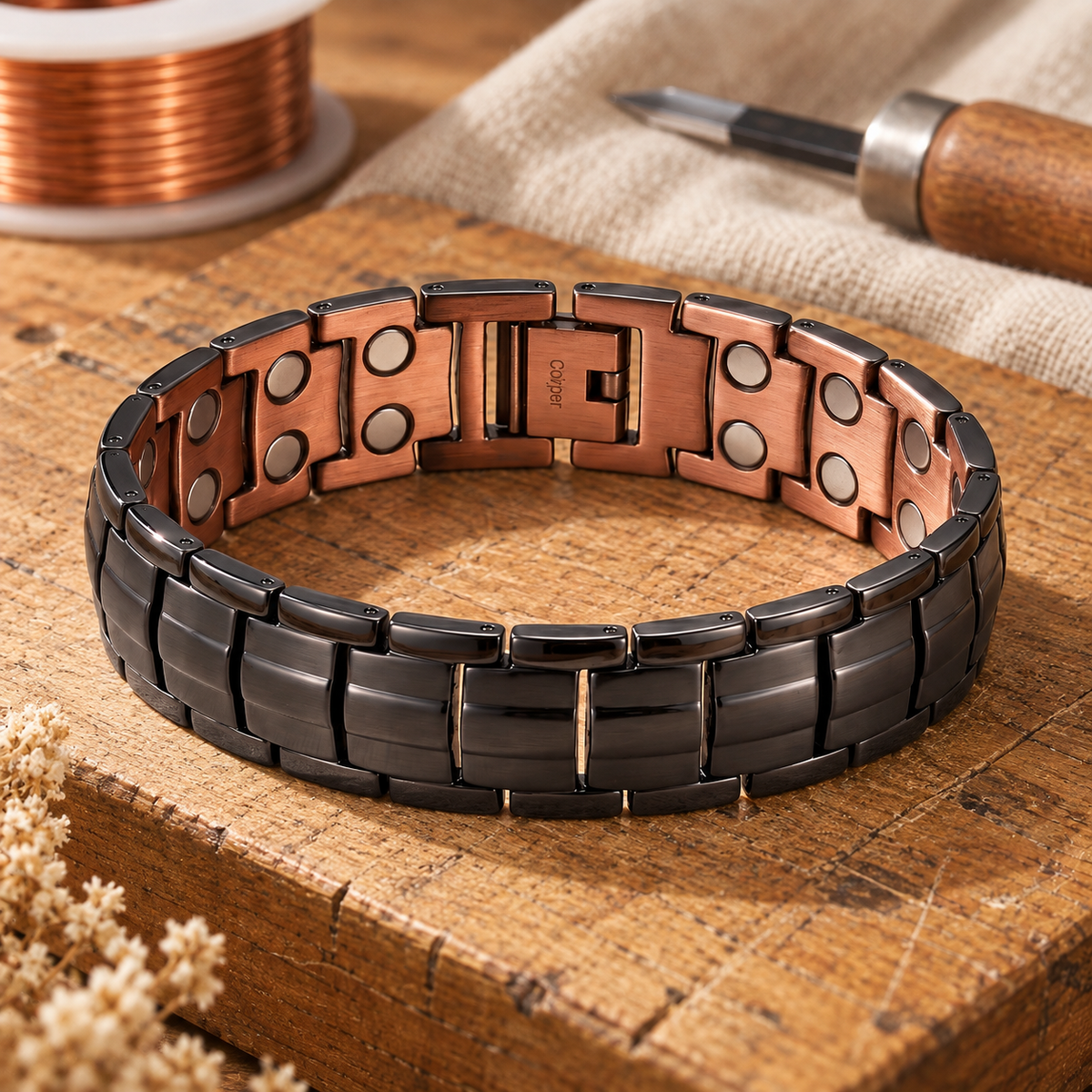 Copper Bracelet, Two-Tone Oxidized Finish, 99.9% Pure Copper, Chunky Link Design — Copper Link Bracelet — main image