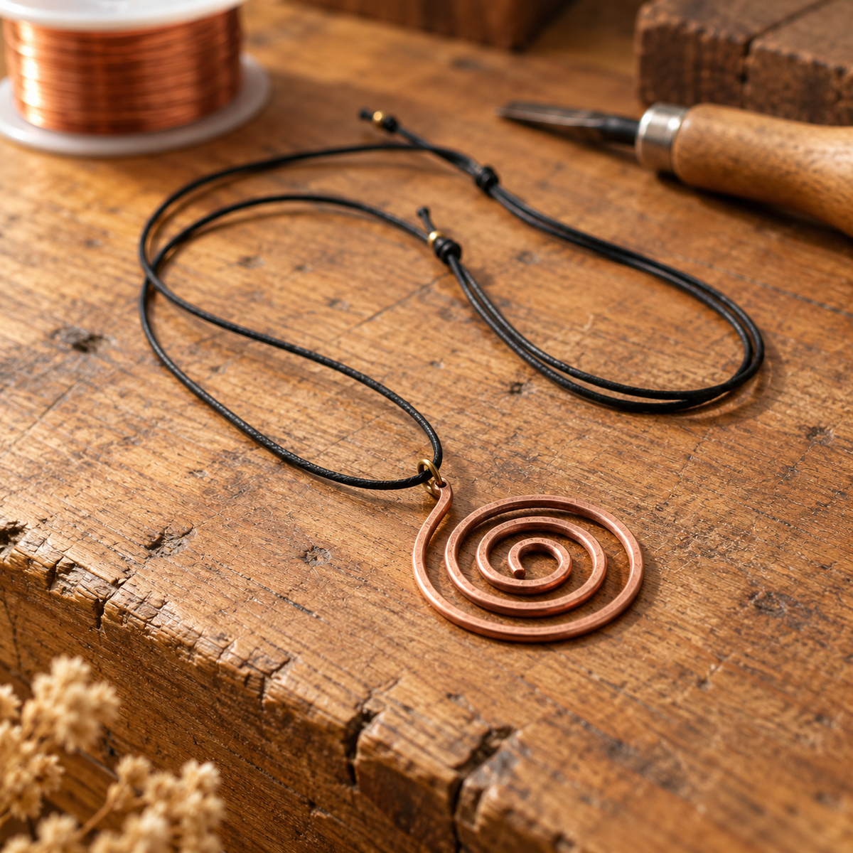 Copper Pendant Necklace, Spiral Design, Adjustable Black Cord — Handmade Copper Jewelry — main image