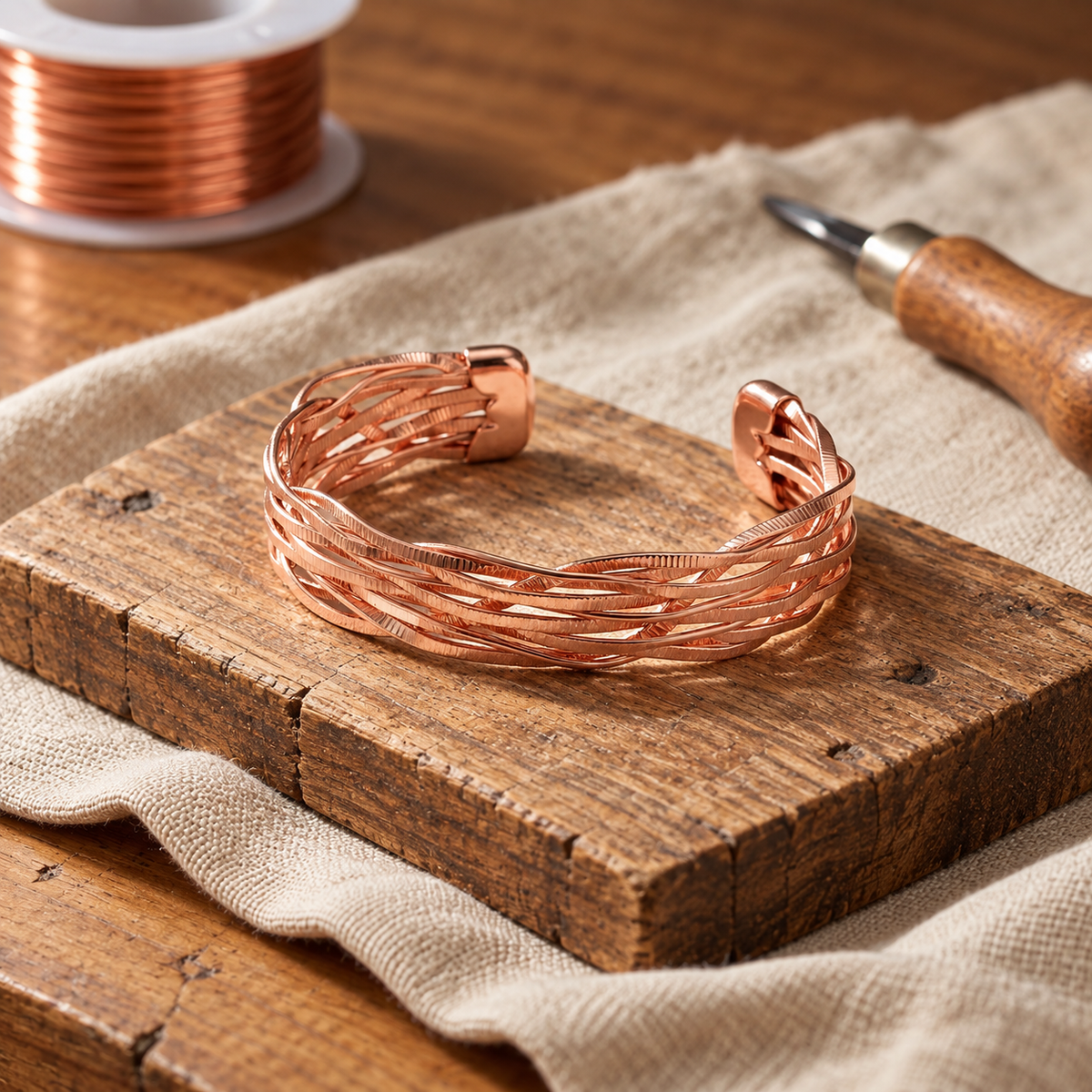 Copper Cuff Bracelet, Pure Copper, Woven Wire Design — Adjustable Open Cuff — main image