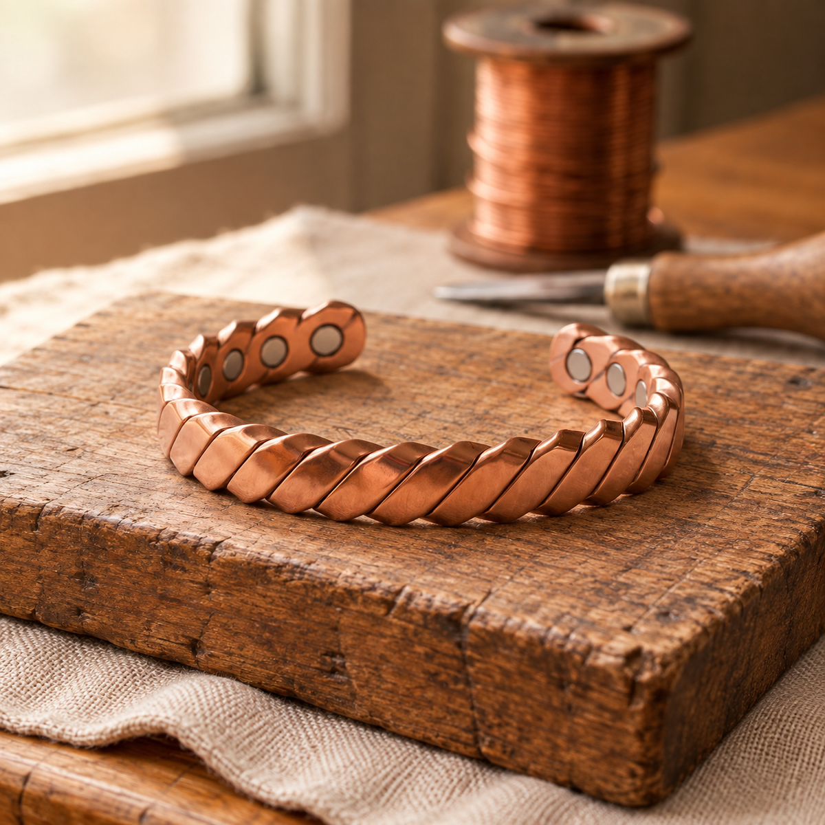Copper Cuff Bracelet, 99.9% Pure Copper, Twisted Ribbed Design — Adjustable Open Cuff — main image
