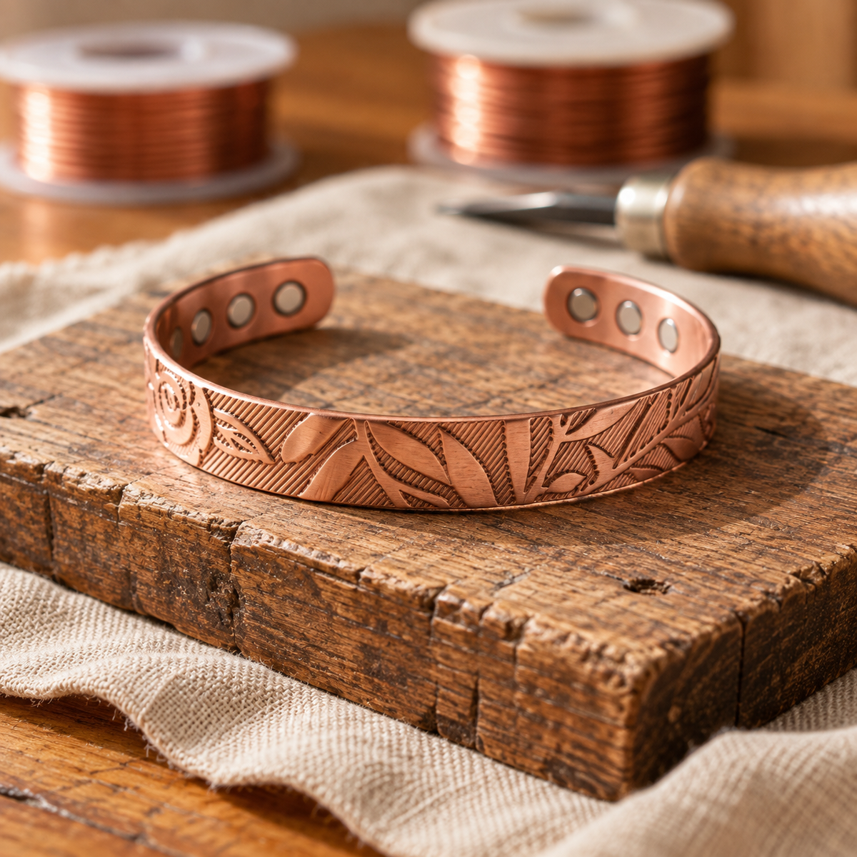 Embossed Pure Copper Cuff Bracelet with Hand-Etched Botanical Pattern — Open Bangle — main image