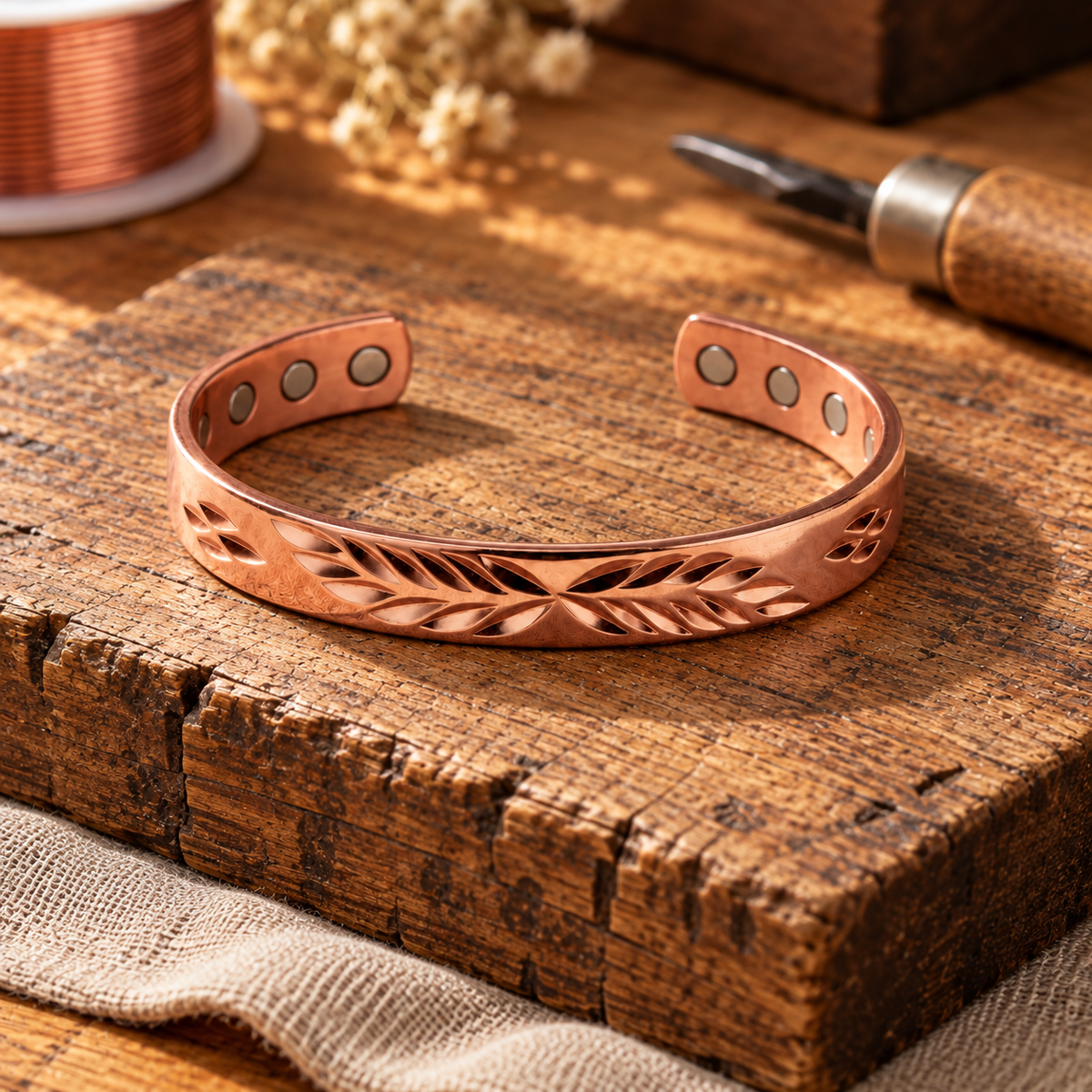 Copper Cuff Bracelet with Feather Motif and Magnetic Detailing — Adjustable Open Cuff — main image
